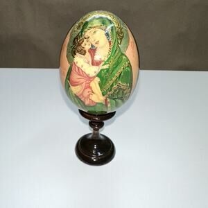 Hand Painted Russian Orthodox Wooden Egg on Stand Virgin Mary with Gold Detail